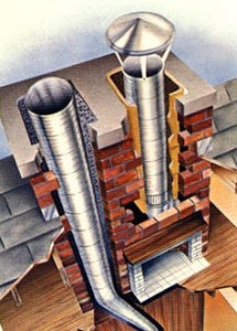 Image shows one chimney with two flues.  Both are lined with stainless steel chimney liners and one has a cap as well.