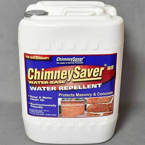 ChimneySaver Water Repellent jug in white with multi-color writing on it.  The background is blue and there are bricks on the right bottom corner.