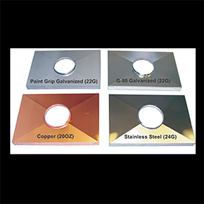 There are several chase cove materials you can choose.  Pictured are Paint Grip Galvanized, Galvanized, Copper and Stainless Steel.  These are square with a round hole in the middle.