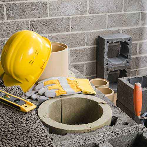Chimney Repair tools such as yellow hard hat, level, gloves sitting on blocks with pipe around it and a gray brick wall in the background.