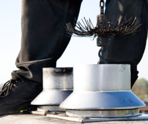 Chimney sweeps feet and chimney brush cleaning flue.