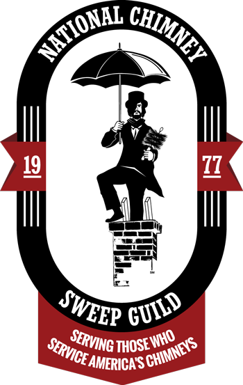 National Chimney Sweep Guild logo - Chimney Sweep sitting in oblong circle on top of chimney with umbrella.