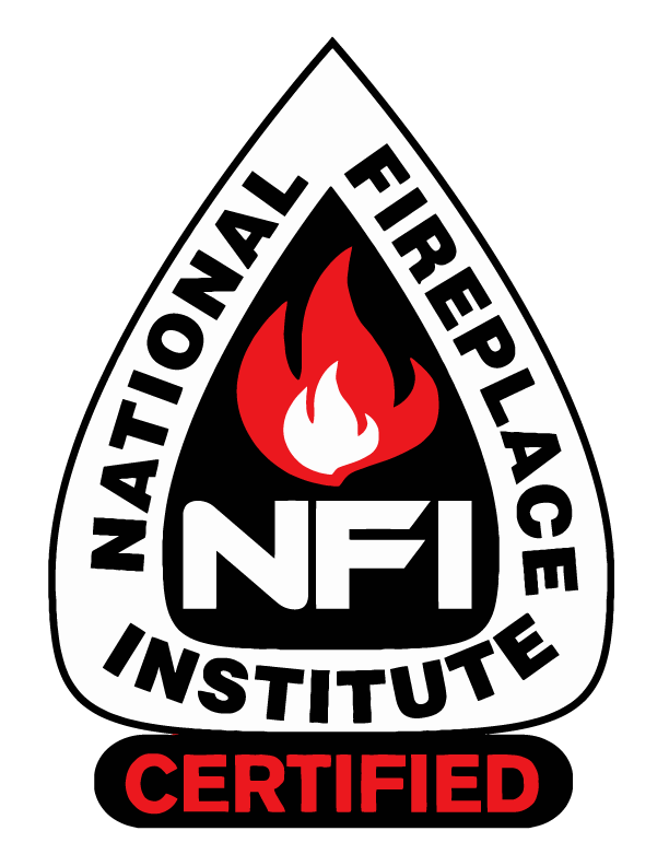 Logo with red fire and NFI in white letters with black background. National Fireplace Institute Certified Written around logo.