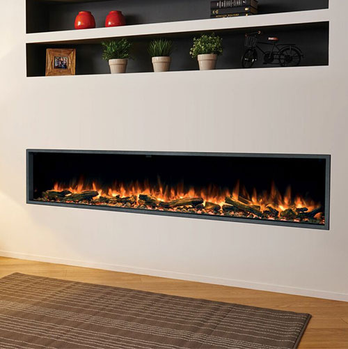 Nice modern electric fireplace insert.  It is a long rectangle in shape.  It has to inserted shelves above it that has plants and nick knacks for decoration.